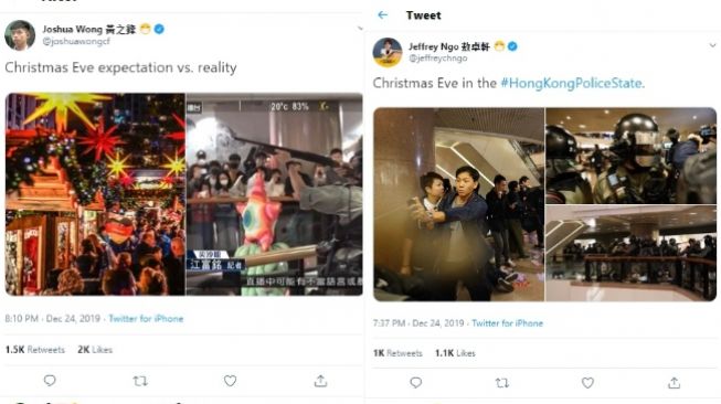 Polisi Hong Kong Tembakkan Gas Air Mata di malam Natal (twitter @joshuawongcf dan @jeffreychngo)