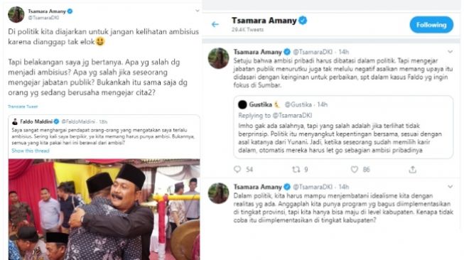 Tsamara Amany membela Faldo Maldini yang maju Pilbup Pesisir Selatan melalui Partai Demokrat (twitter @TsamaraDKI)