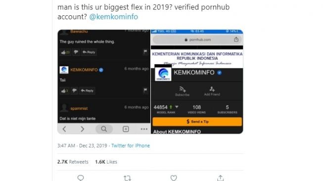Muncul Akun Terverifikasi Kemkominfo di Situs Dewasa Terkenal, Benarkah? (twitter)
