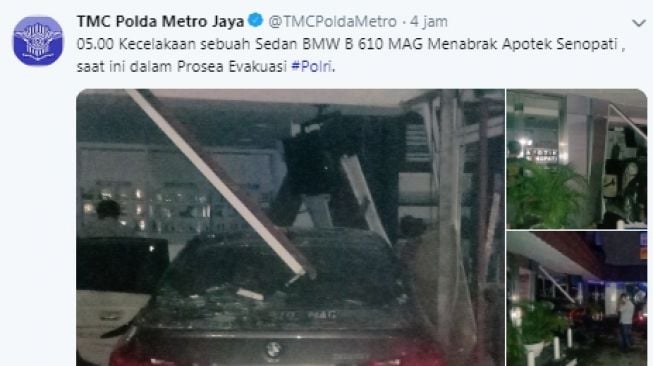 Sabtu (28/12/2019) Apotek Senopati di Kebayoran Baru, Jakarta Selatan, diseruduk mobil BMW bernomor polisi B 610 MAG, pukul 05.00 WIB. (Twitter/@TMCPoldaMetro)