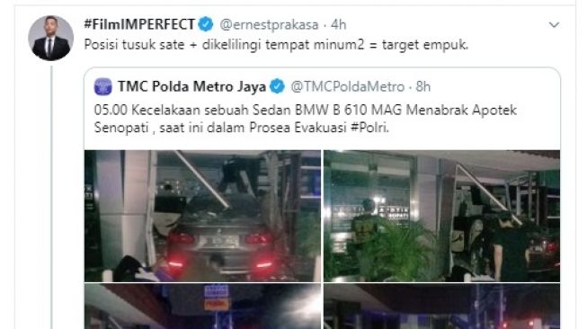 Ernest Prakasa mengomentari Apotek Senopati yang ditabrak mobil lagi (twitter @ernestprakasa)