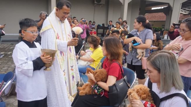 Pastor memercikan air suci saat prosesi pemberkatan kepada hewan dan tumbuhan di Gereja Paroki Santo Yosep Purwokerto, Kabupaten Banyumas, Minggu (29/12/2019). (Foto Istimewa)