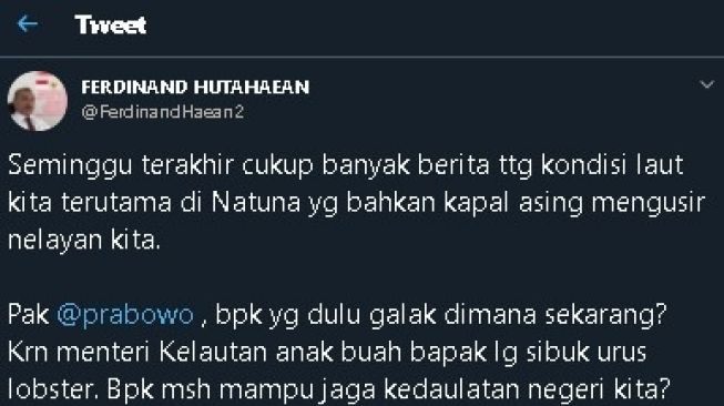 Cuitan Ferdinand soal nelayan Indonesia yang diusir kapal asing. (Twitter/@FerdinandHaean2)