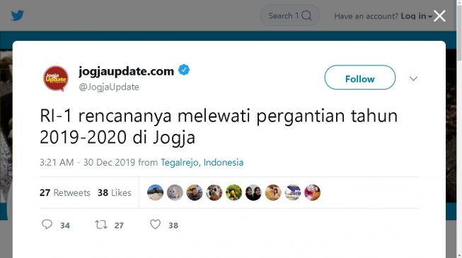 Presiden Jokowi dikabarkan melewati pergantian tahun 2019-2020 di Jogja - (Twitter/@JogjaUpdate)