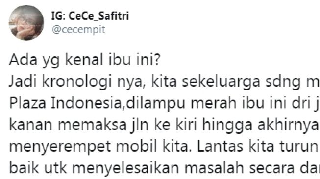 Senggolan mobil, wanita ini ngamuk hingga bersikap rasis (Twitter/cecempit)