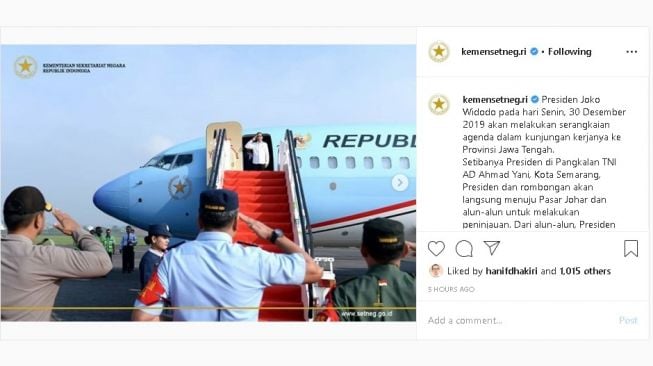 Presiden Joko Widodo (Jokowi) melakukan kunjungan kerja (kunker) di Jawa Tengah (Jateng) dan Daerah Istimewa Yogyakarta (DIY) pada akhir tahun 2019. - (Instagram/@kemensetneg.ri)