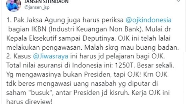 Jansen Sitindaon minta Kejagung memeriksa OJK soal Jiwasraya (twitter @jansen_jsp)