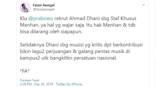 Faizal Assegaf sebut jika Ahmad Dhani jadi Stafsus Menhan itu wajar (twitter @faizalassegaf)