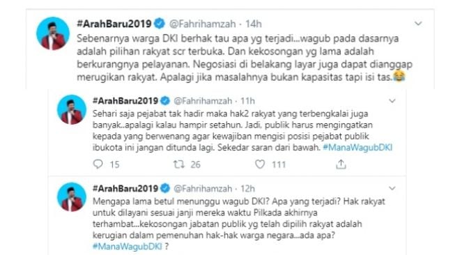 Fahri Hamzah mempertanyakan kekosongan jabatan Wakil Gubernur DKI Jakarta (twitter @Fahrihamzah)