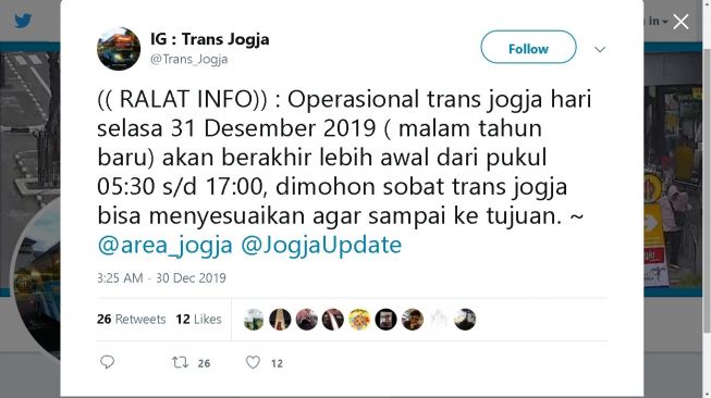 Bus Trans Jogja berhenti beroperasi lebih awal di akhir 2019 - (Twitter/@Trans_Jogja)