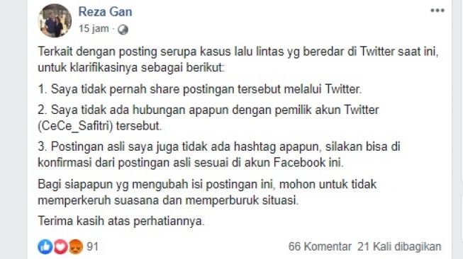 Klarifikasi pemilik asli video viral wanita ngamuk setelah senggolan mobil (FB Reza Gan)