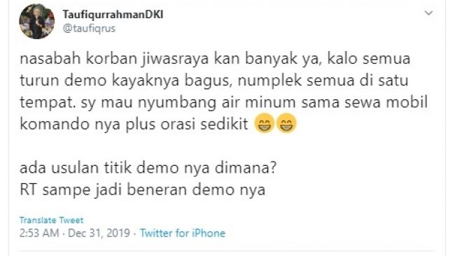 Taufiqurrahman mengajak nasabah korban Jiwasraya demonstrasi (twitter @taufiqrus)