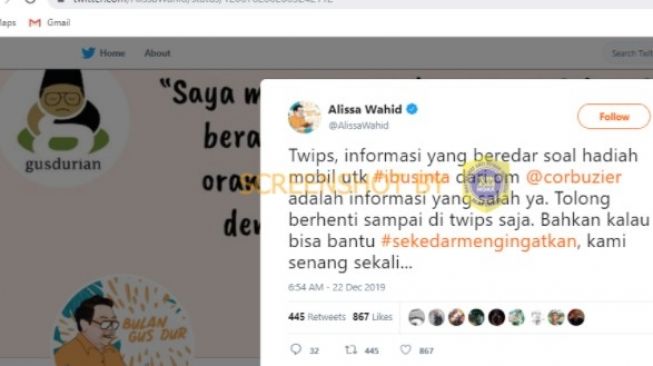 Klarifikasi Alissa Wahid soal Shinta Nuriyah disebut dapat hadiah mobil dari Deddy Corbuzier. (turnbachoax.id)