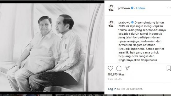 Adem! Prabowo Pamer Sketsa Bareng Jokowi di Instagram Jelang Tutup Tahun