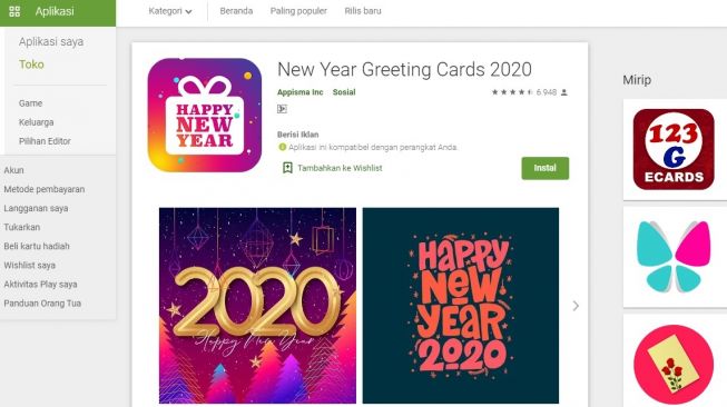 Aplikasi ucapan selamat tahun baru, New Year Greeting Cards 2020. [Google Play Store]