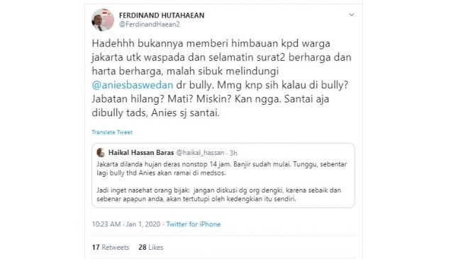 Cuitan Haikal Hassan Baras dianggap melindungi Anies Baswedan (twitter @FerdinandHaean2)