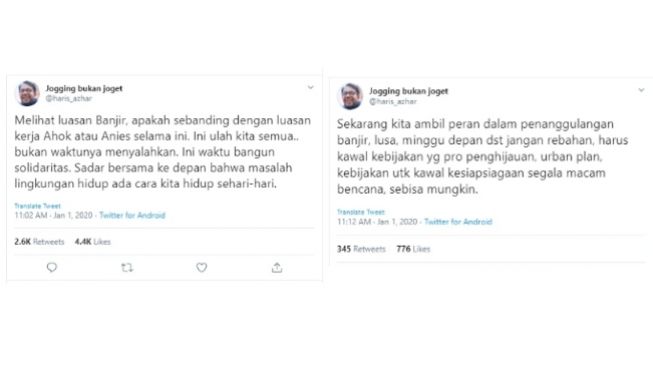 Haris Azhar menyikapi banjir Jakarta tahun 2020 (twitter @haris_azhar)