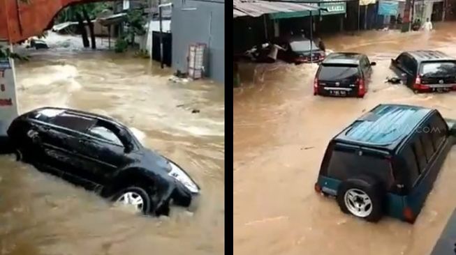 Mobil - mobil di Ciledug Indah Tangerang Hanyut Terbawa Arus Banjir
