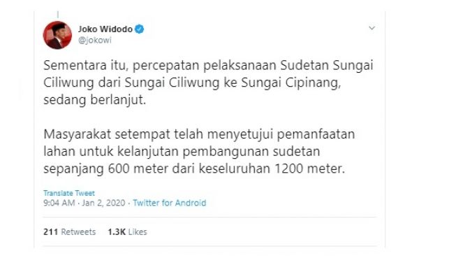 Percepatan pelaksanaan Sudetan Sungai Ciliwung sedang berlanjut (twitter @jokowi)