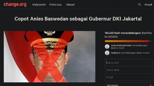 Petisi copot Gubernur Anies Baswedan. (change.org)