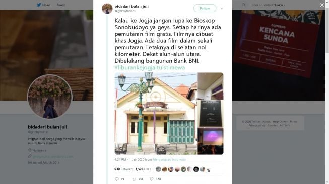 Cuitan viral wisatawan yang menonton film gratis di Bioskop Sonobudoyo Yogyakarta - (Twitter/@ghebymahas)