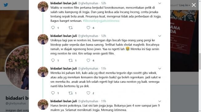 Cuitan viral wisatawan yang menonton film gratis di Bioskop Sonobudoyo Yogyakarta - (Twitter/@ghebymahas)