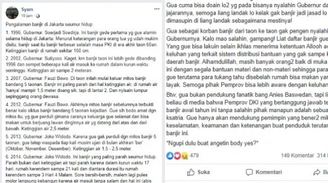 Cerita pengalaman warga Jakarta jadi korban banjir sejak 1996 (FB Syam)