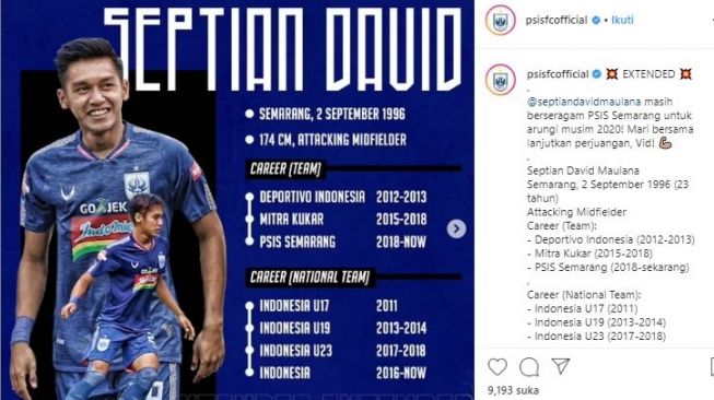 Septian David bertahan di PSIS Semarang. (Instagram/@psisfcofficial).