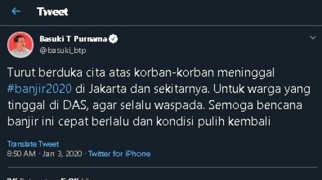 Cuitan Ahok soal banjir 2020. (Twitter/@basuki_btp)