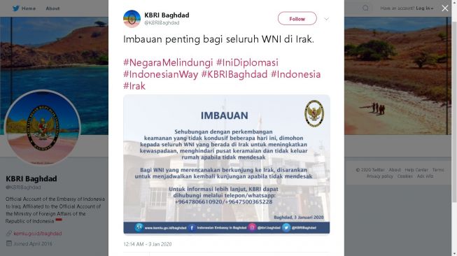 Imbauan KBRI Baghdad setelah tewasnya Jenderal Iran Soleimani - (Twitter/@KBRIBaghdad)