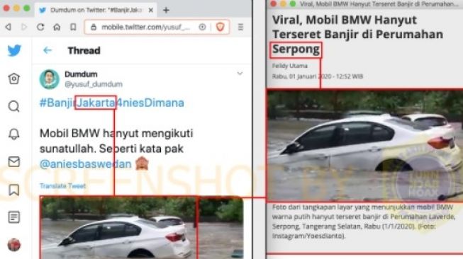 Postingan #BanjirJakarta4niesDimana Mobil BMW Hanyut Mengikuti Sunatullah?. (turnbackhoax.id)