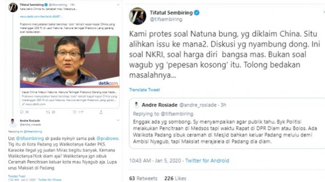 Kritik Tifatul Sembiring terhadap sikap Prabowo soal klaim China atas Natuna (twitter @tifsembiring)