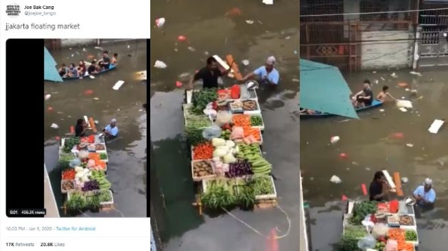 Viral Video Pedagang Sayur Jualan saat Banjir (twitter @joejoe_tango)