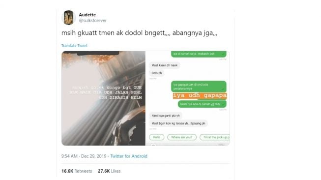 Kisah driver ojol yang tidak sengaja meninggalkan penumpangnya. [Twiitter]