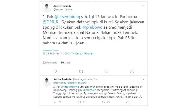 Tanggapan Andre Rosiade atas kritik Tifatul Sembiring terkait sikap Prabowo soal klaim China atas Natuna (twitter @andre_rosiade)