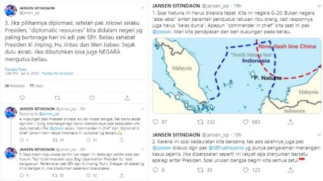 Jansen Sitindaon sarankan Jokowi berdiskusi dengan SBY soal Natuna (twitter @jansen_jsp)