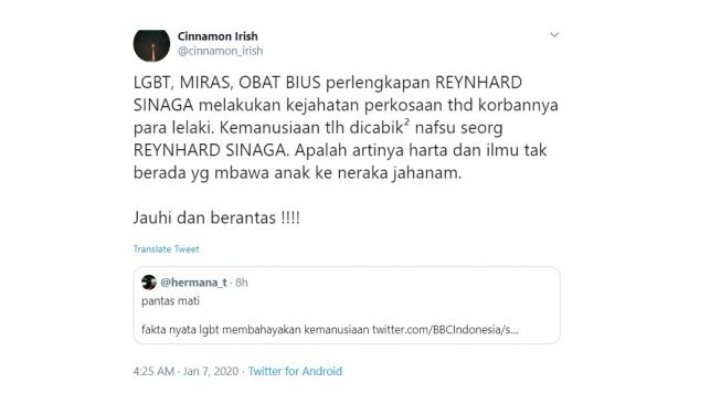 Gunjingan warganet perihal kasus Reynhard Sinaga. [Twitter]