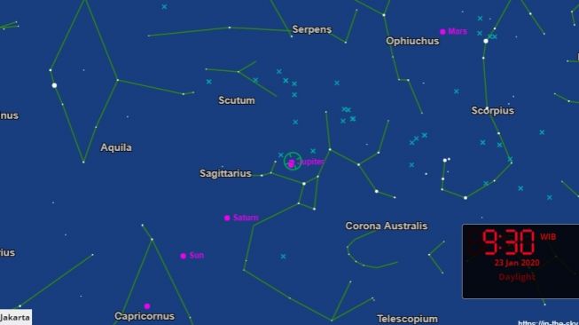 Konjungsi Bulan dengan Jupiter. [In the sky]