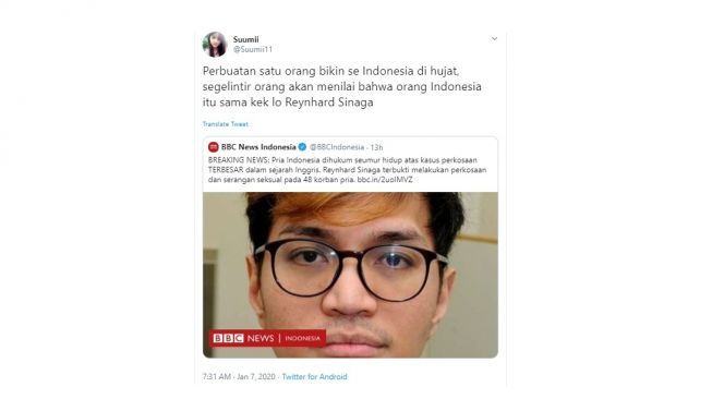 Gunjingan warganet perihal kasus Reynhard Sinaga. [Twitter]