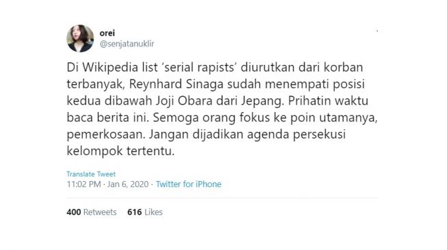 Gunjingan warganet perihal kasus Reynhard Sinaga. [Twitter]