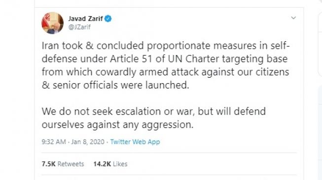 Pernyataan Menteri Luar Negeri Iran Mohammad Javad Zarif soal serangan Iran ke pangkalan AS (twitter @JZarif)