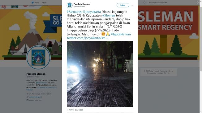 Pemkab Sleman respons aduan warga soal aspal bekas galian SAL di Gejayan. - (Twitter/@kabarsleman)