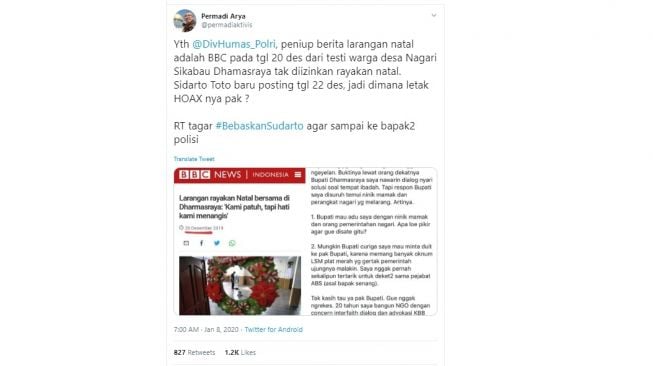 Abu Janda Pertanyakan Penangkapan Sudarto (twitter @permadiaktivis)