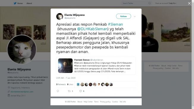 Pemkab Sleman respons aduan warga soal aspal bekas galian SAL di Gejayan. - (Twitter/@joeyakarta)