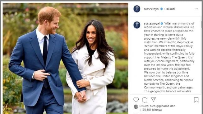 Pangeran Harry mengumumkan mundur dari anggota kerajaan. (Instagram/@sussexroyal)