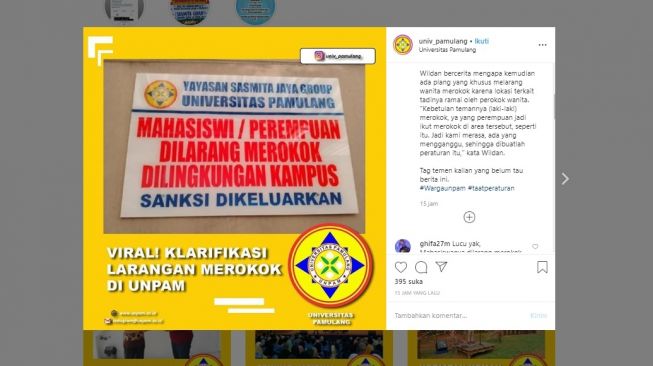 Klarifikasi Universitas Pamulang soal larangan merokok untuk mahasiswi (instagram/@univ_pamulang)