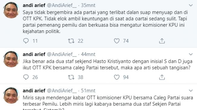 Andi Arief sebut staf sekjen PDIP terseret OTT Wahyu Setiawan (Twitter/andiarief_)