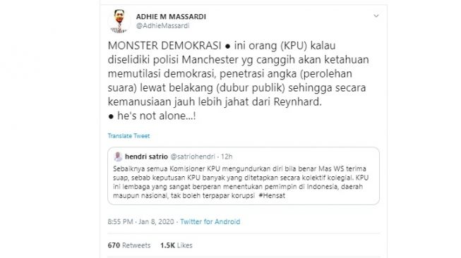 Adhie Massardi menanggapi penangkapan Komisioner KPU (twitter @AdhieMassardi)