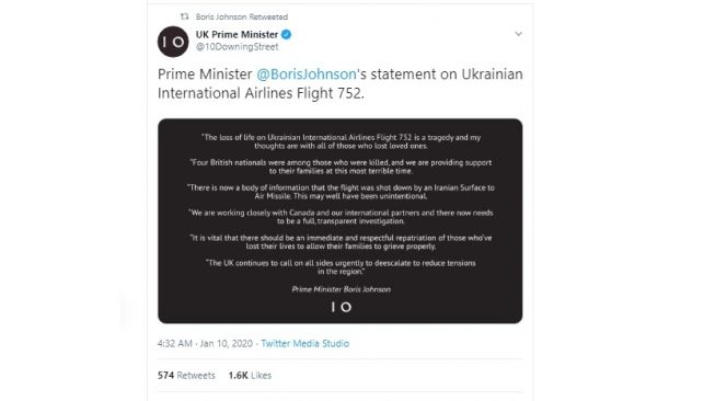 Pernyataan Perdana Menteri Inggris Boris Johnson soal jatuhnya pasawat Ukraina (twitter @10DowningStreet)