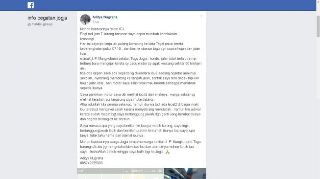 Pria pengendara sepeda motor mencari ibu dan anak yang tertabrak olehnya di Jalan P Mangkubumi Jogja, Jumat (10/1/2020). - (Facebook/Aditya Nugraha)